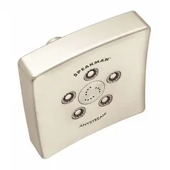Fixed showerhead with multi-pattern spray, constructed from brass and plastic. Flow rate is fixed at 2 gpm. Suitable for commercial or industrial washdown stations, locker rooms, and maintenance areas requiring consistent water delivery.