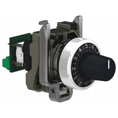 This 22 mm panel-mount potentiometer from the XB4 series features a standard knob and a black metallic bezel. With a maximum resistance rating of 47,000 ohms, it is used for manual resistance adjustment in industrial control panels, such as speed controls, voltage dividers, and set-point adjustments on machinery.