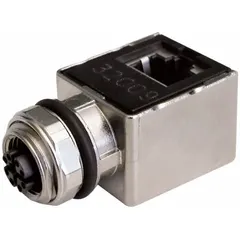 This panel feed-through adapter connects an M12 female straight connector to an RJ45 female right angle jack. It features 8 pins and is used for passing signals through panels in industrial Ethernet and automation systems.
