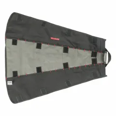 This wrench roll is constructed from black polyester and measures 29 1/2 inches in overall length. It uses a hook-and-loop closure to secure wrenches in place. Suitable for organizing and transporting wrenches in workshops or service vehicles.