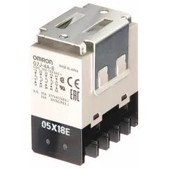 Bracket-mounted power relay from the OMRON G7J Series, featuring a 4PST-NO contact configuration rated at 25 A for resistive loads at 220V AC. Operates on 100/120V AC supply. Includes a W-bracket for mounting and screw terminal connections. Suitable for switching high-current loads in industrial control panels, HVAC systems, and automation equipment.