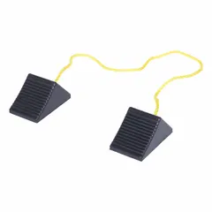 Set of two black rubber wheel chocks with built-in handles. Each chock measures 8 1/8 in length, 5 in width, and 4 1/8 in height. Used to secure parked vehicles, trailers, or trucks during loading, unloading, or maintenance on flat surfaces.
