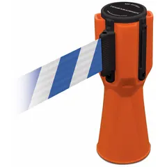This barrier tape belt is designed for use with traffic cones to create visual delineation in industrial areas. The blank white plastic belt allows custom legends for hazard marking or pedestrian control. It features a 9-inch belt height, 11 7/8-foot maximum length, and an orange plastic housing with a 3/4-foot overall height.