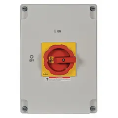 This Siemens non-fusible disconnect switch is rated for 100 A and three-phase operation. It features a non-metallic plastic housing, a red/yellow handle, and includes a neutral assembly. VDE approved, it is suitable for indoor and outdoor use in industrial and commercial applications for safely isolating electrical circuits.