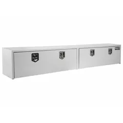 This topside box features double drop-down doors with a T-handle lid, constructed from steel with a white finish. It is equipped with a keyed lock for securing contents. Designed for mounting on a truck bed, it provides organized storage for tools and equipment in fleet and vehicle maintenance applications.