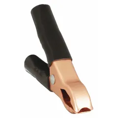 Steel parrot-jaw clamp with vinyl insulation, rated for 80 A max current on 12V/24V systems. Accommodates 14 to 18 AWG wire. Used for connecting battery chargers to vehicle or equipment batteries in maintenance and fleet operations.
