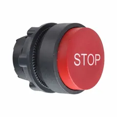 Non-metallic, momentary push-button operator from the XB5 series. Red actuator with 'Stop' legend. Designed for 22 mm panel mounting. Used as a control station operator in industrial machinery and panel building for stop commands.