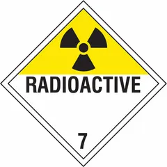 This ACCUFORM placard displays the 'Radioactive' message for identifying Class 7 radioactive materials. It measures 10 3/4 inches by 10 3/4 inches with a label height of 10 3/4 inches. Used on shipping containers and vehicles to comply with hazardous material regulations.