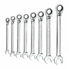This 8-piece set includes metric 12-point ratcheting combination wrenches made of alloy steel with a full polish chrome finish. The standard rounded design allows access to confined spaces. Suitable for tightening and loosening fasteners in automotive repair, industrial maintenance, and mechanical assembly.