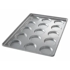 This hamburger bun pan from CHICAGO METALLIC features 15 slots and is constructed from aluminized steel. With an overall depth of 1 1/2 inches, it is suited for baking uniform hamburger buns, muffin tops, or cookies in commercial or high-volume bakery settings.