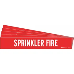 Red adhesive pipe marker with white 'Sprinkler Fire' legend, designed for pipes with outer diameter of 8 inches and larger. Pack of 5 markers without arrows. Used to identify fire suppression piping in commercial and industrial facilities.