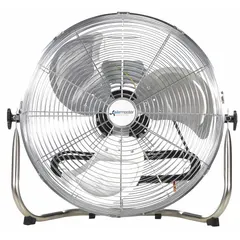 Non-oscillating floor fan with 20-inch aluminum blade, three speeds, and 115V AC operation. Measures 23 1/2 inches high by 25 inches wide. Suitable for directing airflow in home and office environments.