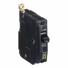 Single-pole bolt-on miniature circuit breaker rated 20 A at 120/240V AC. Provides overcurrent protection for branch circuits in electrical distribution systems. Maximum interrupting rating 10kA at 120/240V AC. For use with Square D NQOD panelboards.