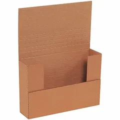 Corrugated cardboard mailer with easy-fold closure for quick assembly. Inside dimensions 9-1/2" length, 6-1/2" width, 2" height. Single-wall construction, ECT-32-B rating, Kraft color. Suitable for shipping documents, small parts, or accessories. Sold in pack of 50.