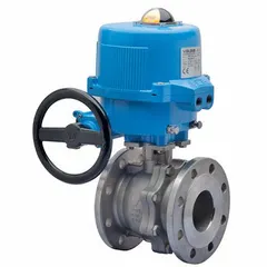 This electrically-actuated ball valve features a stainless steel body and a 1-1/2 in port size. It operates on 100 to 240V AC and includes a manual override for emergency operation. The ISO 5211 actuator mounting pad allows for direct mounting of compatible actuators. Typical applications include on/off control of fluids in industrial piping systems.