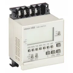This DIN rail-mounted digital timer switch from OMRON features SPST-NO contacts and operates on 100-240V AC supply. It provides 48 programmable events over a 365-day cycle for scheduling electrical loads in control panels. Suitable for lighting, HVAC, and process automation applications requiring time-based switching.