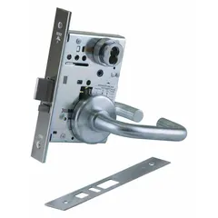 Classroom lever lockset with satin chromium-plated stainless steel finish. ADA compliant with interchangeable core and 40H rose style. Designed for use in educational settings, allowing interior locking while maintaining emergency egress from outside.