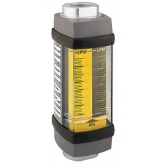 Scale-type variable area inline flowmeter with NPTF connections. Measures flow in gallons with +/-2% accuracy. Viton seals and O-rings. Universal mounting orientation. Suitable for monitoring flow in hydraulic systems, lubrication circuits, and oil transfer lines.