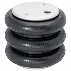 Adjustable air spring with triple convolution design, constructed from natural rubber. Compressed height of 6 in, extended height of 15 in. Offset configuration. Used for vibration isolation, actuation, and load support in industrial equipment.