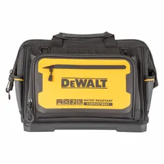 This DEWALT wide-mouth tool bag is constructed from yellow ballistic nylon for job-site durability. It features 31 pockets for organized storage of hand tools, power tools, and accessories. Dimensions: 16 1/8 in W x 11 in D x 11 3/4 in H.