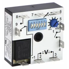 Surface-mounted timing relay with encapsulated construction. Rated 24 A at 240 V AC and 12 A at 125 V DC. Operates on Single Shot Falling Edge timing mode. Supply voltage range 24 to 240 V AC and 12 to 125 V DC. Suitable for industrial timing control applications in automation, HVAC, and process control systems.