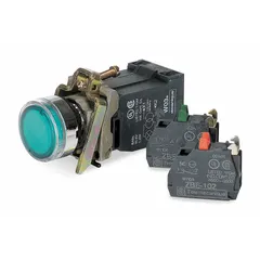 Momentary illuminated push button with flush metallic profile, 22 mm mounting diameter, and 1NO/1NC contact configuration. Suitable for panel-mount applications in industrial control systems and automation equipment requiring visual status indication.