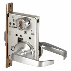 This storeroom lever lockset features a satin chromium-plated stainless steel finish and a 40H rose style. It is ADA compliant and accepts an interchangeable core. The ANSI F07 function allows key-only entry from outside and free egress from inside, suitable for commercial storeroom doors requiring security and accessibility.