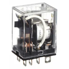 This OMRON LY Series relay is a DPDT plug-in type with a 12V DC coil and 10 A resistive load rating at 24V DC. It features a square base, 8 flat pins, and quick-connect terminals for socket mounting. Typical applications include switching loads in industrial control panels, automation systems, and machinery.