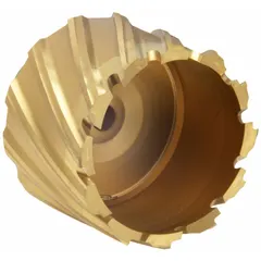 This annular cutter is made of high-speed steel with a titanium nitride (TiN) coating for general cutting applications. It has a 1 5/8 in cutter diameter and a maximum cutting depth of 1 in. Designed for use with magnetic drill presses and portable drilling equipment to create clean holes in metal.