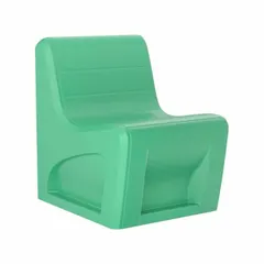 This armless lounge chair features a green polyethylene seat and a floor mount design. It accommodates one person and is suited for waiting areas, lobbies, and break rooms. The chair is UL 94 HB rated for flammability and Green Guard Gold Certified for low chemical emissions.