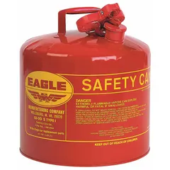 This 5-gallon Type I safety can is constructed from powder-coated steel in red. It is designed for storing and dispensing flammable liquids in industrial settings such as machining, maintenance, and chemical processing operations.
