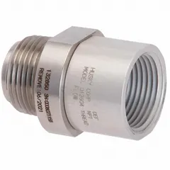 This swivel connector is designed for use in Diesel Exhaust Fluid (DEF) dispensing systems. It features a 3/4 in NPT inlet and 3/4 in NPT discharge, both available in male and female configurations. The body is constructed from aluminum and stainless steel for chemical compatibility with DEF. The swivel allows 360-degree rotation to prevent hose kinking and twisting during operation.