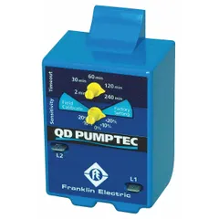 Single-phase pump motor protector for motors up to 1 hp. Monitors voltage with overvoltage trip at 240V AC and undervoltage trip at 220V AC. Measures 2.1 in x 3.6 in x 1.6 in. Used in water well, irrigation, and industrial pumping systems.
