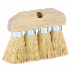 This roofing brush features a wood head for applying coatings, cleaning debris, and smoothing materials on roofing surfaces. It has an overall length of 8 inches and a head length of 8 3/4 inches, suitable for tasks involving asphalt, tar, and sealants.