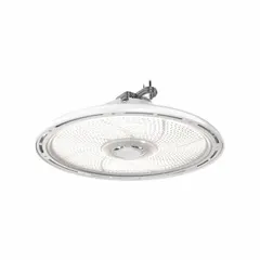 Round LED bay light replacement for 400W metal halide fixtures. Operates on 120 to 347V AC with 4000K color temperature and 200W power consumption. Suitable for industrial and commercial high-bay applications such as warehouses, factories, and gymnasiums.