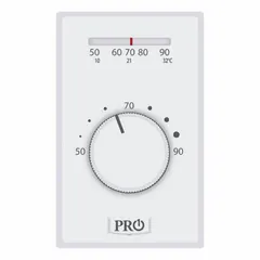 Single-stage heat-only line-voltage analog thermostat with exposed dial. SPST open-on-rise switch controls 120-277V AC resistive loads such as electric baseboard heaters or radiant ceilings. Temperature range 50° to 90°F, system setting On only, no fan setting.