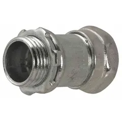 Steel compression conduit connector for joining 3/4 in trade size steel conduit to boxes or enclosures. Non-insulated design provides a grounded connection. Overall length 1-1/4 in. Used in industrial wiring systems where mechanical protection and secure conduit termination are required.