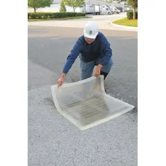 This self-sealing drain cover seal is made of clear polyurethane with a 3/8 in thickness. It measures 42 in L x 42 in W and fits drains up to 36 in L x 36 in W. The cover allows water to pass while blocking debris, odors, and gases, suitable for floor drains in industrial and commercial settings.