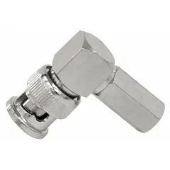 Male BNC coaxial connector with right-angle body for terminating coaxial cables in video, RF, and data transmission applications. Twist-on design enables tool-free installation. Silver finish. Pack of 10.