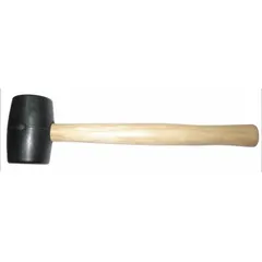 This rubber mallet features a 2 lb head with a 2 1/2 in diameter and 4 5/8 in head length, mounted on a wood handle for a total length of 13 in. The black rubber head delivers controlled strikes without marring surfaces, suitable for assembly, sheet metal work, and tapping chisels.