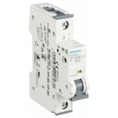 This 1-pole supplementary protector from the Siemens 5SY6 series features a C-curve trip characteristic and a rated current of 6 A. It is designed for AC systems up to 230/400 V with a maximum interrupting rating of 5 kA. The unit uses screw clamp terminals for wiring and mounts on a DIN rail. Typical applications include protection of branch circuits and equipment in industrial control panels, HVAC systems, and lighting circuits.