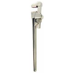 This nonsparking straight pipe wrench is constructed from aluminum bronze for use in hazardous environments. It features serrated jaws and an I-Beam handle design. Overall length is 18 inches with a jaw capacity of 3 13/16 inches. Suitable for turning pipes and fittings where sparking tools are prohibited.