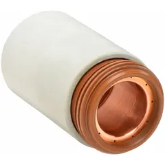 This retaining cap secures consumables in Hypertherm T100, T100M, and T100M-2 machine plasma torches. It is a replacement component for automated plasma cutting systems, ensuring proper alignment and gas flow during operation.