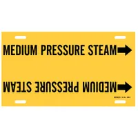 Yellow strap-on pipe marker with black legend reading 'Medium Pressure Steam' and directional arrows. Fits pipe outer diameters from 8 to 9-7/8 inches. Used to identify medium pressure steam lines in industrial piping systems