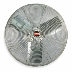 This Dayton washdown-rated industrial wall-mount fan features a 24-inch blade diameter and a 1/3 hp motor. It operates on 115/230V AC with a single speed and non-oscillating configuration. The fan mounts to a wall via a bracket, providing fixed-position airflow in industrial environments such as food processing, washdown areas, and manufacturing facilities.