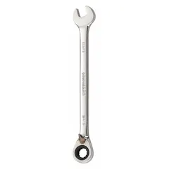 SAE 12-point combination wrench with offset design for accessing recessed fasteners. Features a 5/16-inch head size and 5 1/2-inch overall length. Chrome finish over alloy steel construction. Suitable for tightening and loosening fasteners in mechanical applications.