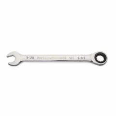This SAE 12-point ratcheting combination wrench has a 1-1/8 in head size and is made of alloy steel with a full polish chrome finish. It is a standard (non-reversible) tool suitable for tightening or loosening fasteners in automotive, industrial, and mechanical applications.