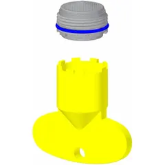 This plastic spray flow outlet is designed for commercial faucets, providing a controlled spray pattern at 0.5 gpm. It features an M16.5 X 1-8g connection size and includes a key for installation. Suitable for applications requiring water conservation and directed flow.