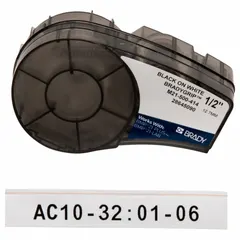 Continuous label roll cartridge for industrial identification and labeling. Polyester material with black-on-white printing. 10 ft length. Compatible with M211 printer series. Used for asset tracking, cable marking, and facility signage.