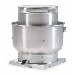 This belt-drive centrifugal upblast fan is supplied without a drive package and is intended for kitchen exhaust and general ventilation. It features a 14 3/4 in wheel with airflow from 998 cfm to 3,066 cfm and a square base for roof or wall mounting. The fan is unassembled and not designed for high-static-pressure applications.
